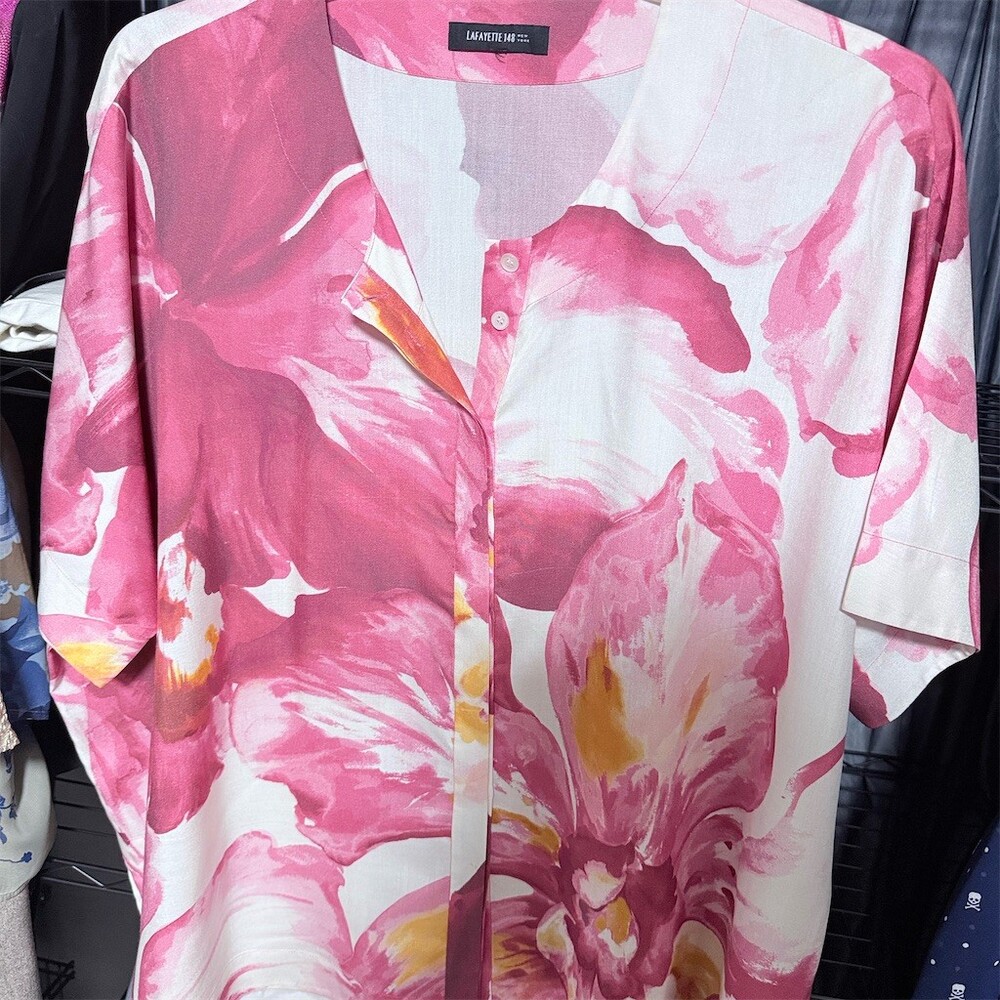 Lafayette 148 New York Tunic Womens 2XL Pink Floral Hi-Low 3/4 Sleeve